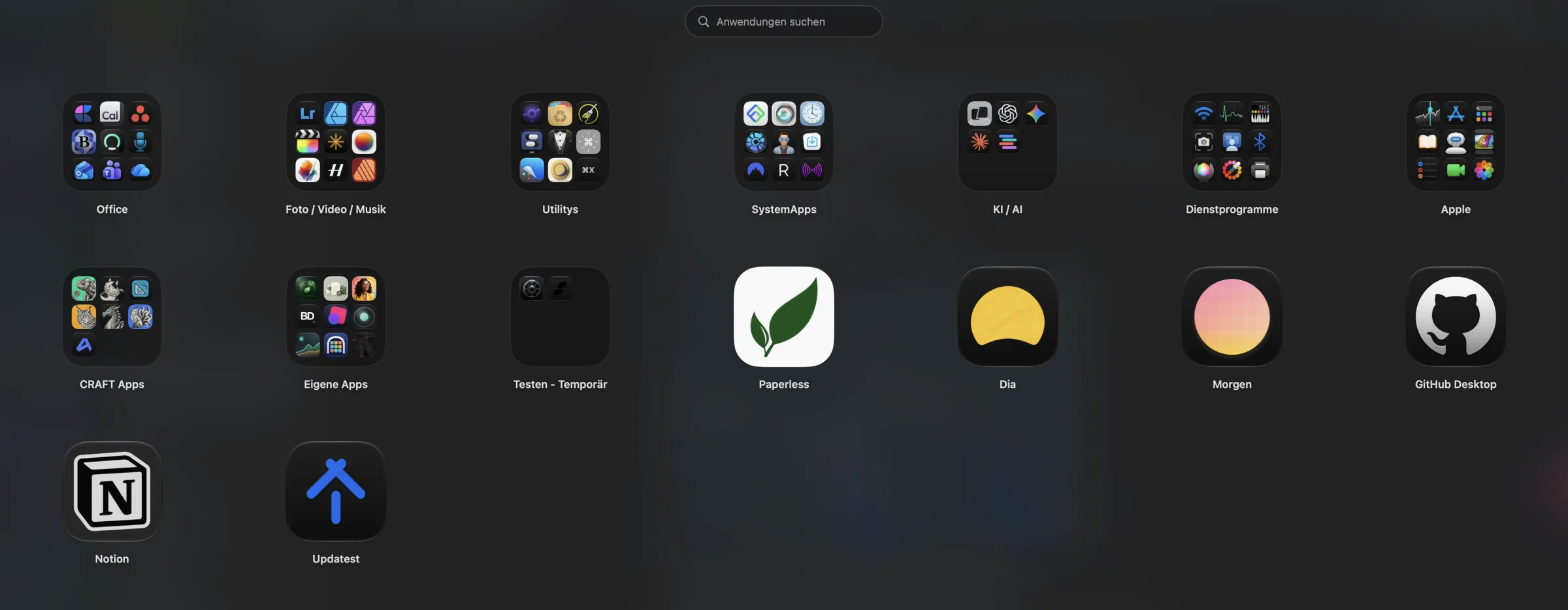 The Hangar grid with app folders and a search field